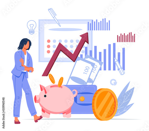 Business analytics, stock exchange market investment strategy concept. Manager or economist analyzing project statistics and financial graphs, flat vector illustration isolated on white.