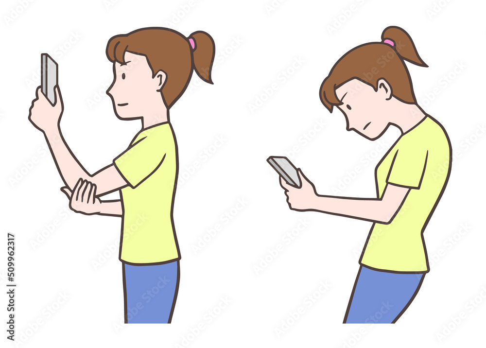スマホを見る女性、良い姿勢と悪い姿勢(猫背) スマホを見る女性、良い姿勢と悪い姿勢(猫背)