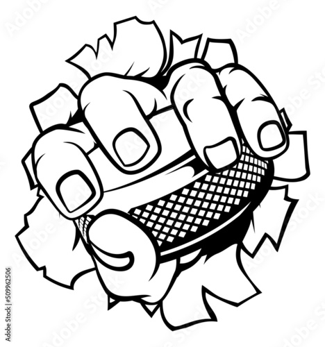 Hand holding Ice Hockey Puck Cartoon