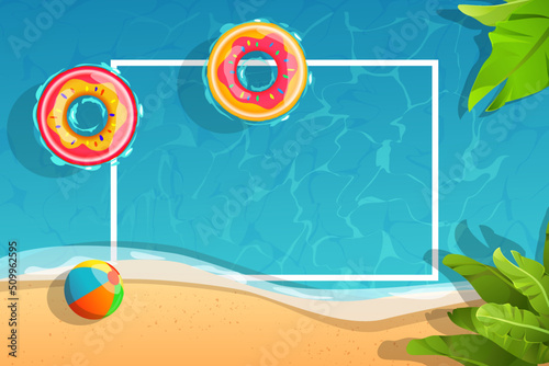 Colorful Summer beach background banner with a party and tropical leaves with sandy beach. Tropical beach poster. Vector illustration
