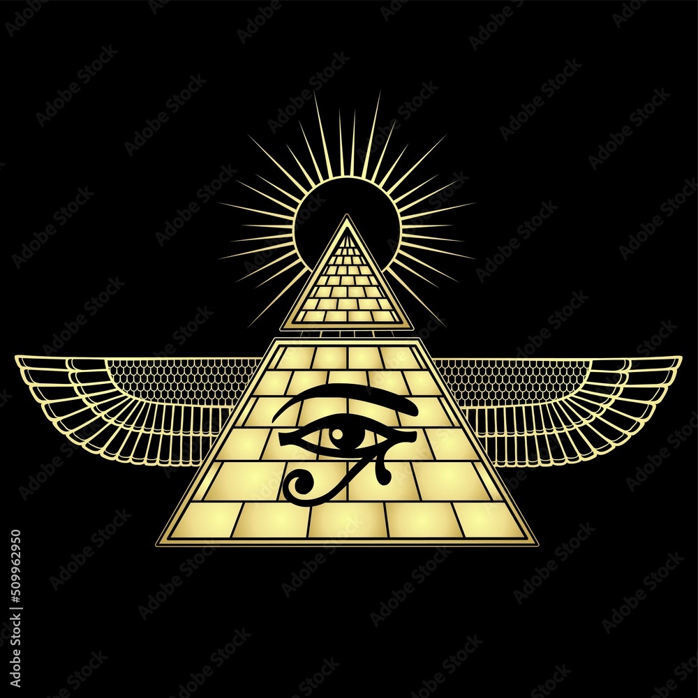 Animation color drawing: winged Egyptian pyramid, eye of Horus, divine  shining sun. Vector illustration isolated on a black background. Imitation  of gold. Print, poster, T-shirt, logo. Stock Vector | Adobe Stock