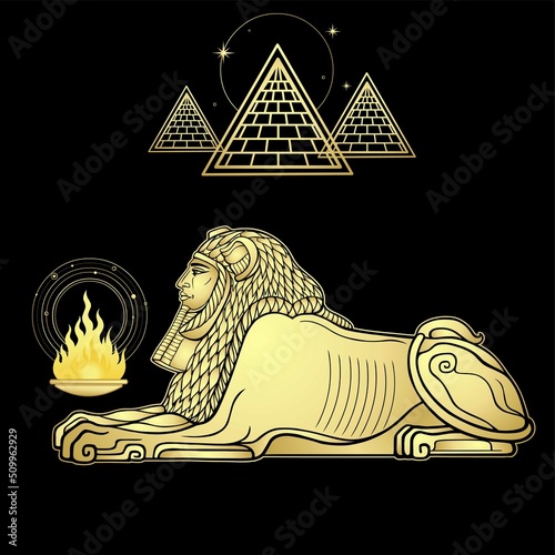 Animation color portrait: Egyptian sphinx body of a lion and the head of a man. Ritual fire, ancient pyramids. Vector illustration isolated on a black background. Imitation of gold.