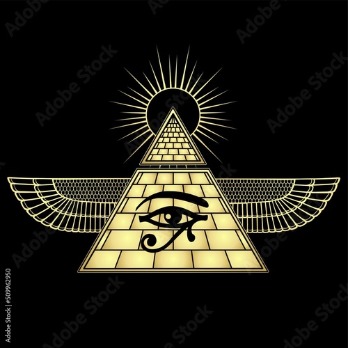 Animation color  drawing: winged Egyptian pyramid, eye of Horus, divine shining sun. Vector illustration isolated on a black background. Imitation of gold. Print, poster, T-shirt, logo.