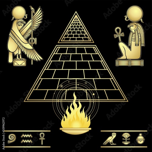 Animation color  drawing: Egyptian pyramid, Ritual fire, god Ra  sacred falcon. Vector illustration isolated on a black background. Imitation of gold. Print, poster, T-shirt, logo.