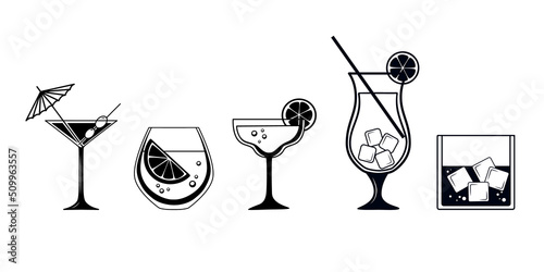 Martini cocktail with umbrella and olive in classic glass. Set of Black and white vector icons isolated on white background. Glyph is symbol of alcoholic beverage