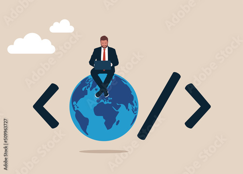 Programmer coding on laptop sitting on globe with coding symbol. Website development, technology create online cyberspace, software connect through the internet. www application coding.
