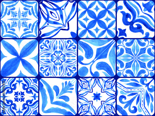 Azulejos - Portuguese tiles blue watercolor pattern. Variety tiles collection.