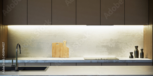 Mock up studio of modern loft kitchen interior with table, Japandi styles apartment ideas, 3D rendering