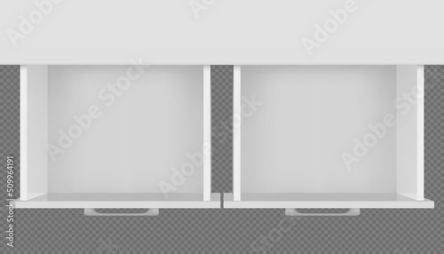 Top view of two white empty open side by side drawers of cabinet, cupboard or nightstand. Vector mockup of 3D rendered furniture. Interior office or living room object