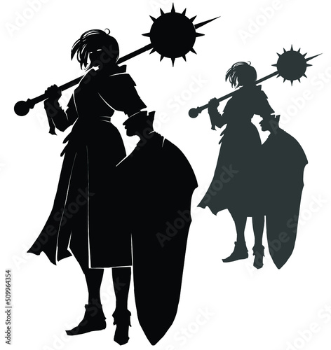 A black silhouette of a tall knight girl with a huge spiked mace Morgenstern on her shoulder, and a large shield. 2d isolated vector art