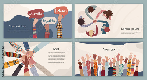 Volunteer people concept web page banner poster editable template. Raised arms and hands up multiethnic people. Multicultural people in a circle with hands on top of each other top view