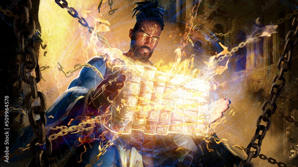 Obraz premium A handsome black male priest in a blue and gold robe, holding enchanted sacred books with his huge palms, they burn with spiritual fire and are chained in magical crumbling chains. 3d rendering