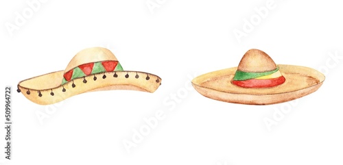 Set of 2 sombreros isolated on a white background. Watercolor Mexican hat illustrations. Hand-drawn fiesta objects. Mexican sombrero clipart. Latin accessory. Festival costume in a cartoon style.