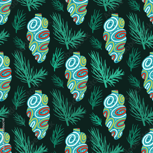 Vector Christmas seamless pattern with pine cones, balls, Christmas decorations, Christmas decorations. Vintage holiday repeated texture with new year toys and decoration.
