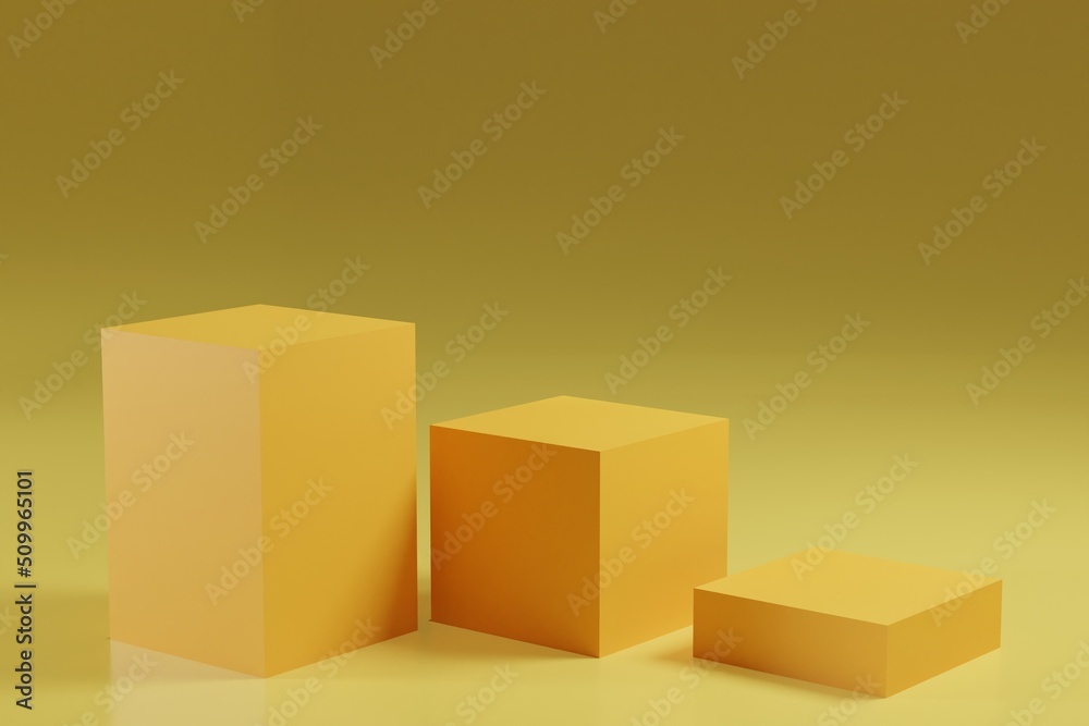 3d rendering three yellow cube podium for product display, yellow background scene with geometrical forms. 3d rendering three yellow cube podium for product display, yellow background scene with geometrical forms.