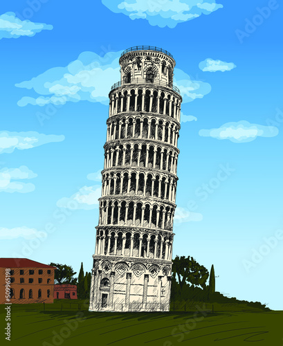 Leaning Tower of Pisa. Italy,. Color pencil sketch