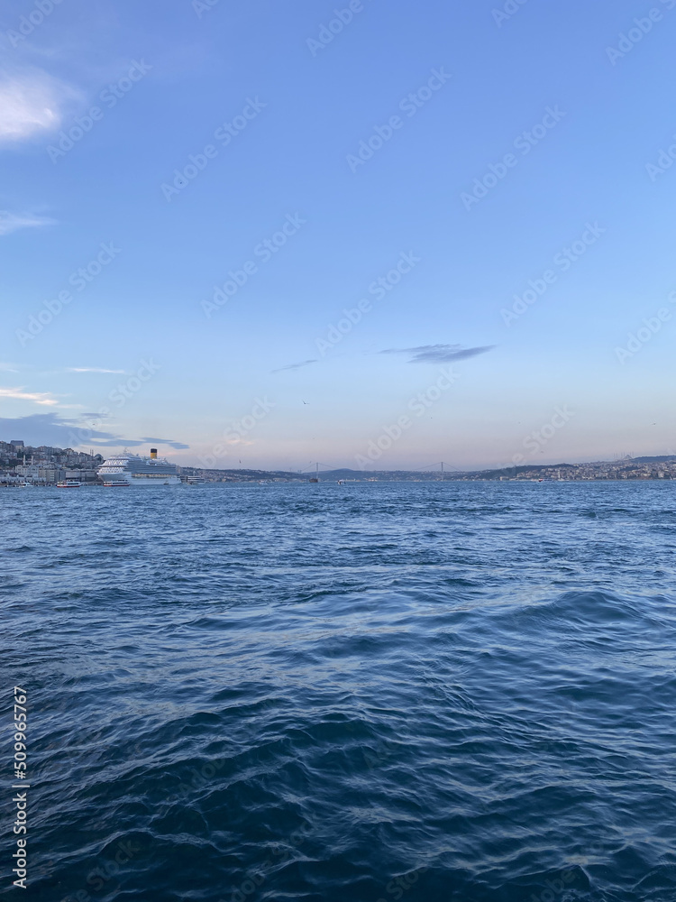Istanbul Turkey Bosphorus panoramic view. Sea views of the Bosphorus. Panorama of Bosphorus bay in Istanbul cityscape. 