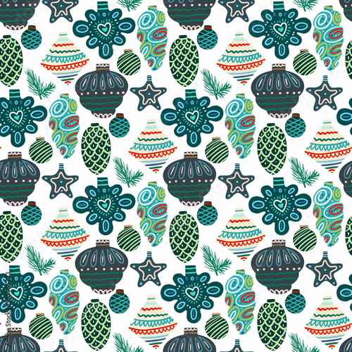 Vector Christmas seamless pattern with pine cones, balls, Christmas decorations, Christmas decorations. Vintage holiday repeated texture with new year toys and decoration.