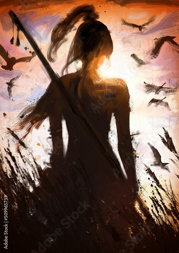 A young pilgrim girl walks through a wheat field with a staff behind her back, her dark silhouette covers the setting sun, beautifully illuminating her face, monk view from the back 2d art sketch