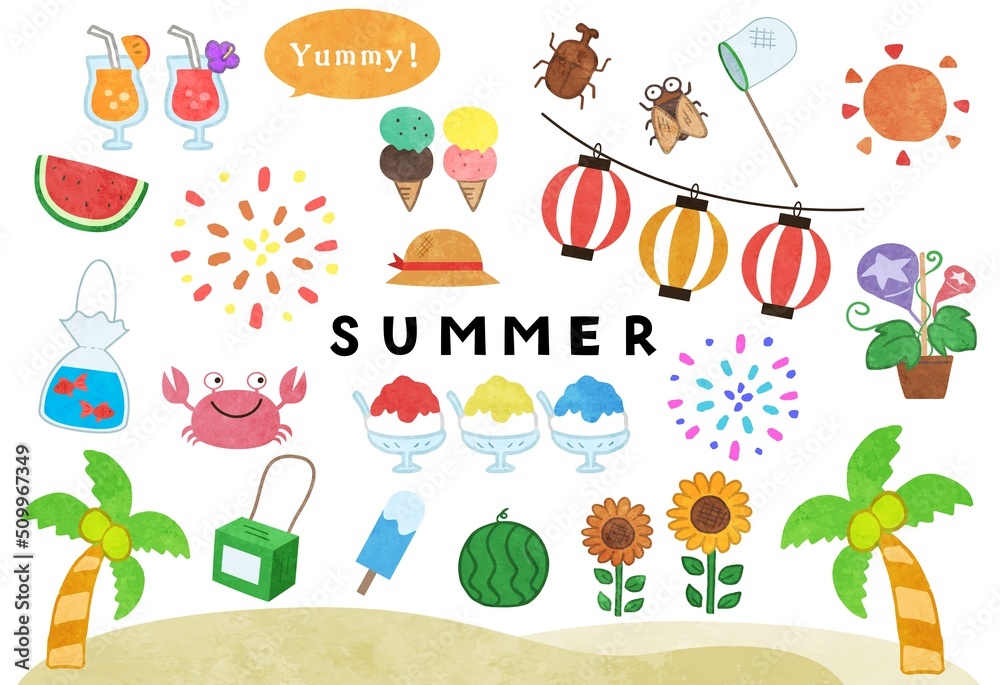 夏の水彩風イラスト素材・アイコンセット 線なし 夏の水彩風イラスト素材・アイコンセット 線なし