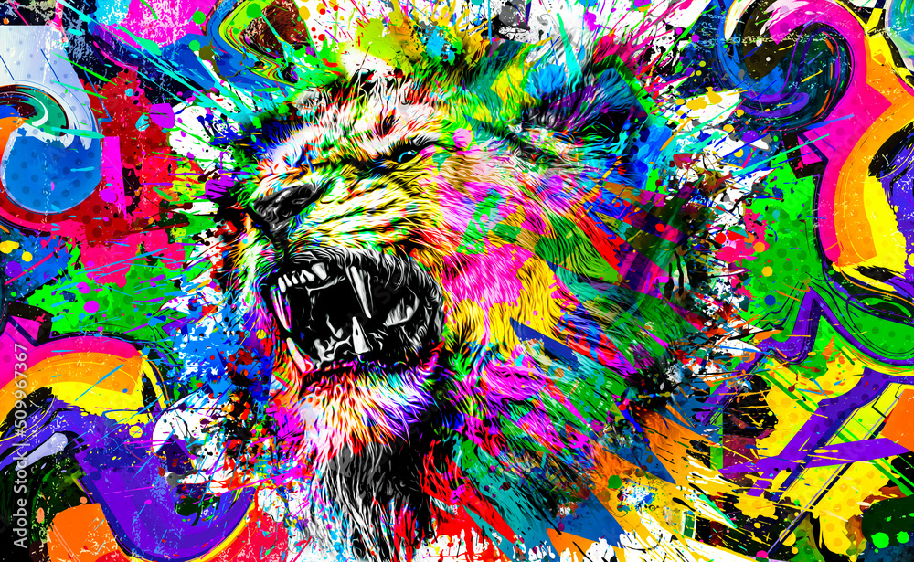 Lion head with creative abstract colorful spots elements on grunge background