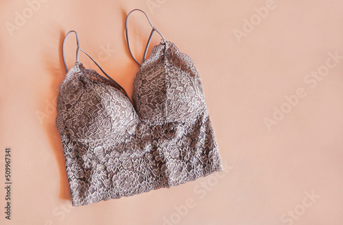 Beige Lace Bralette on Beige Background with Copy Space