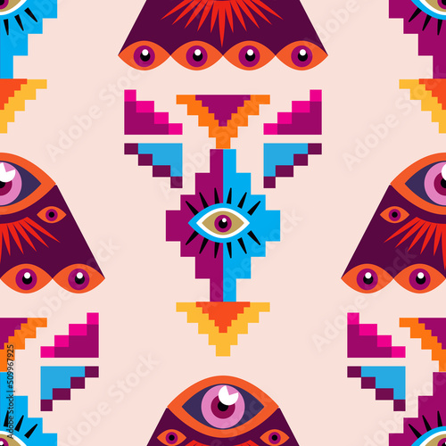 Awesome seamless pattern with esoteric eye different shapes, Magic, witchcraft, occult symbol, colorful line art. fabric, paper, textile. Vector Modern mythic graphic background illustration.