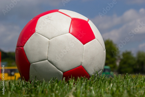 close-up view of leather soccer ball on green grass