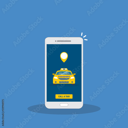Taxi online service on mobile application with yellow taxicab and location. Get a taxi. Concept for order taxi service.