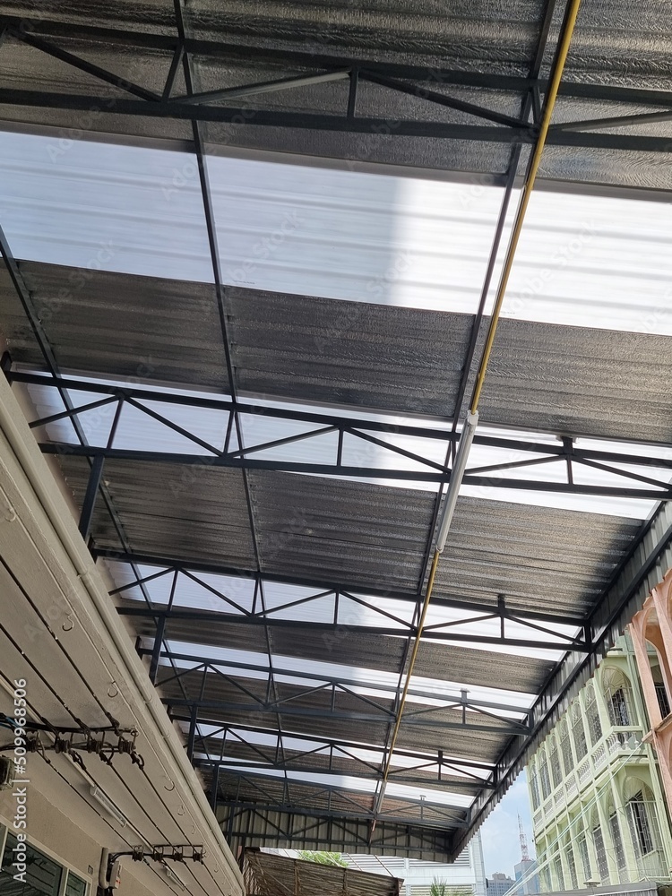 building, interior, metal sheet roof on textured background building, interior, metal sheet roof on textured background