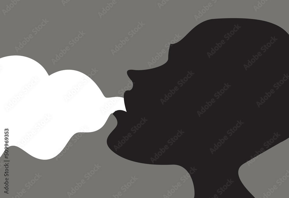 Raster graphics - a black-and-white banner - a teenager releases white smoke from cigarettes or vaping from his mouth. Concept - bad habits