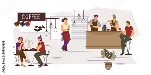 People eat dessert and drink coffee or tea at coffeeshop, flat vector cartoon illustration isolated on white background. People in cafe or coffee house.