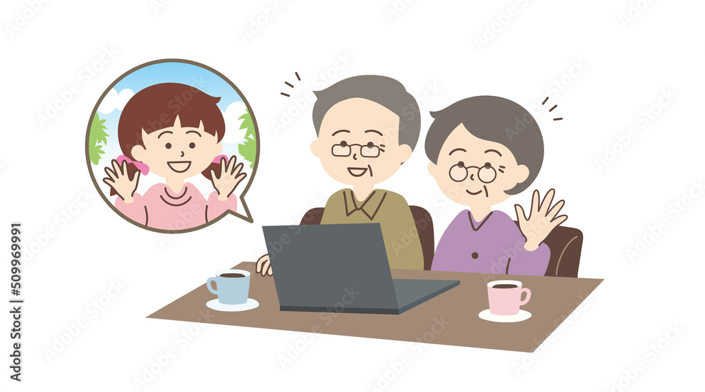 屋外にいる孫（女の子）とパソコンで会話しているシニア夫婦