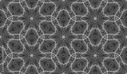 Lacy repeatable ornament in solemn style. Hexagonal seamless pattern of white lines on black.