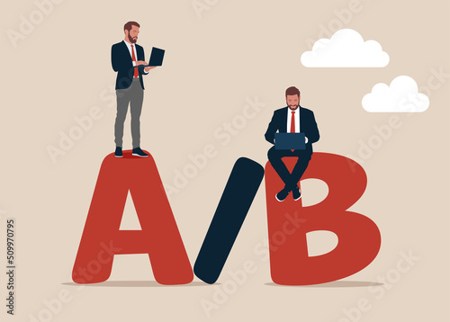 Software engineer and users sitting on alphabets A and B for testing. AB testing, market research to split user to test for user experience for website or application.