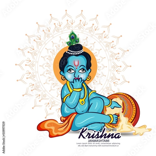 illustration of happy Janmashtami, Lord Krishna in Janmashtami festival of India with hindi calligraphy poster,card background. © HABIT PLUS