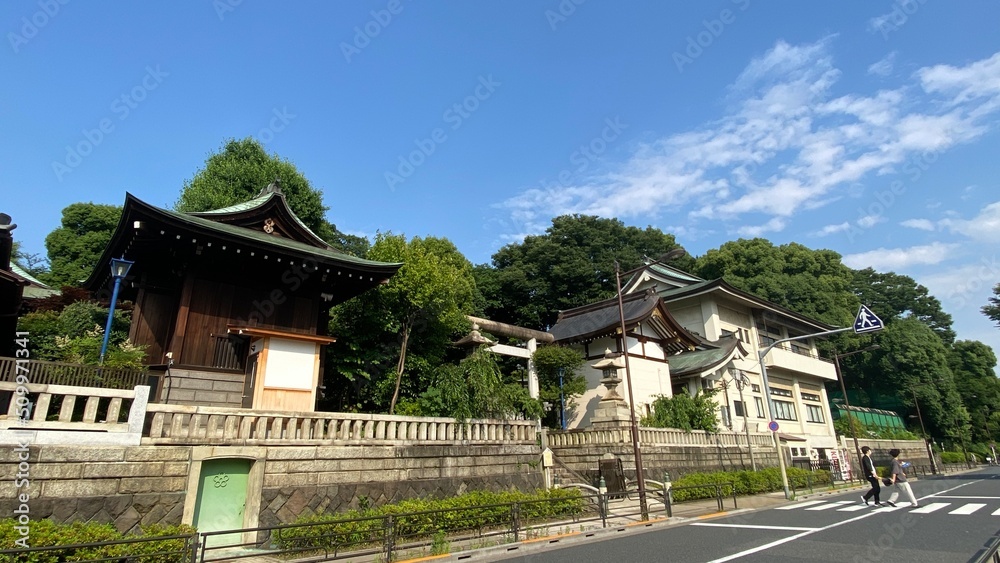 Clear blue sky and the beautiful aged Japanese shrine house on a clear blue sky sunny day, year 2022 June 10th