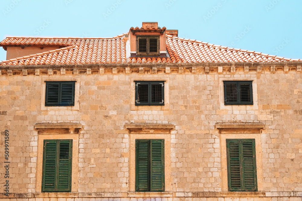 Summer in Croatia, Dubrovnik. Ancient houses in the old town, the historical part of the city. Rooftop view.