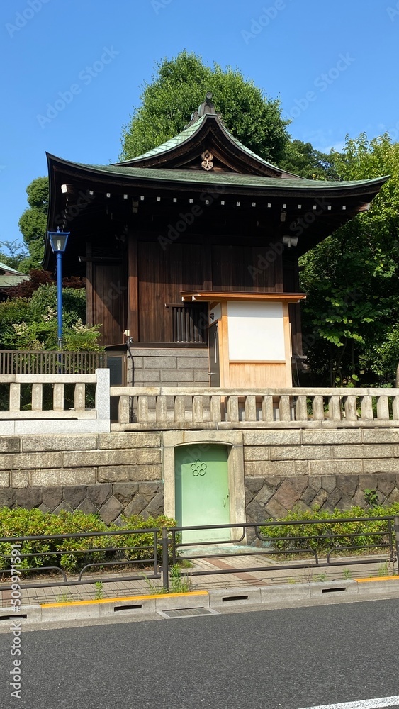 Obraz premium The ancient wooden shrine structure with small secretive gate, Japanese shrine year 2022 “Gojyoten Jinjya” June 10th