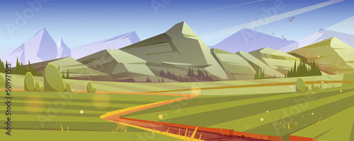 Green meadows and road in mountain valley. Vector cartoon illustration of summer landscape, countryside scenery with fields, trees and rocks range on horizon