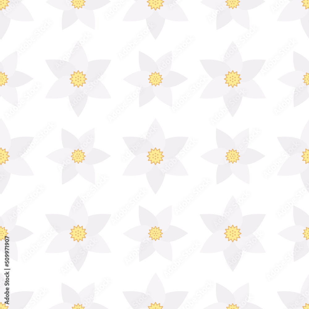 Obraz premium Narcissus. Delicate white flower with a curly yellow core. Seamless vector pattern. Isolated background. Flat style. Endless summer ornament. Delicate floral background. Idea for web design, wallpaper