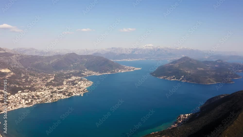 Herceg Novi medieval coast town at the entrance of Bay of Kotor, Montenegro. Aerial establishing shot Herceg Novi medieval coast town at the entrance of Bay of Kotor, Montenegro. Aerial establishing shot