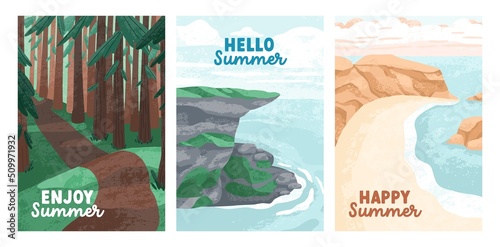 Summer nature backgrounds set. Summertime landscapes, cards designs with forest trees, calm sea, deserted beach. Peaceful holiday travel postcards with woods, seaside. Flat vector illustrations