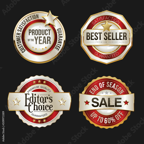 Collection of silver and gold badges on white background
