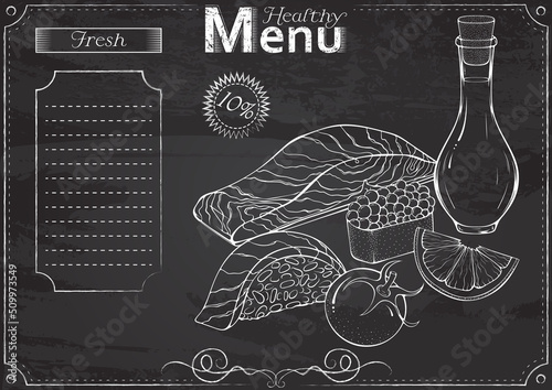 Vector template with salmon and sushi ikura, nigiri, stylized as a chalk drawing on a blackboard. Retro vintage style menu hand drawn elements. Japanese cuisine food. Design for a restaurant, cafe