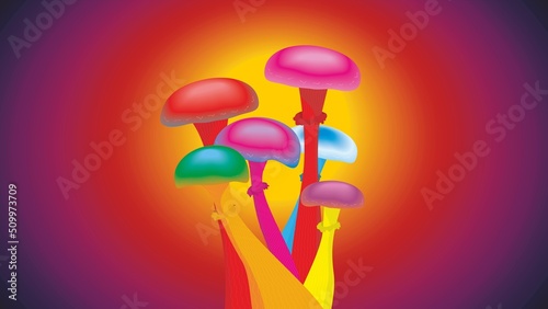 Colorful psychedelic, magic mushrooms. Dimension 16:9. Vector illustration.