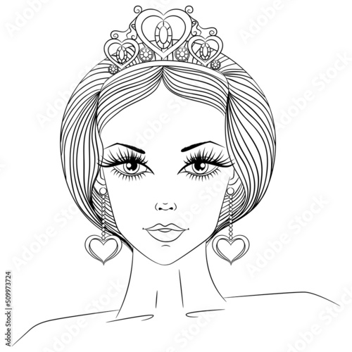 Portrait of a beautiful girl in a tiara with a bob hairstyle. Vector illustration in sketch line art style isolated on white. Close up princess fashion sketch.