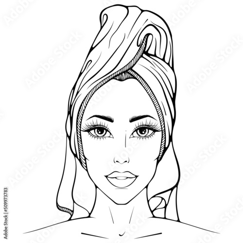 Portrait of young woman in a towel on her head. Vector illustration in sketch line art style isolated on white. Spa, massage and beauty salon concept. Skin care. Coloring book page