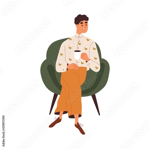 Man sitting in chair with cup at coffee break. Happy employee relaxing in arm...