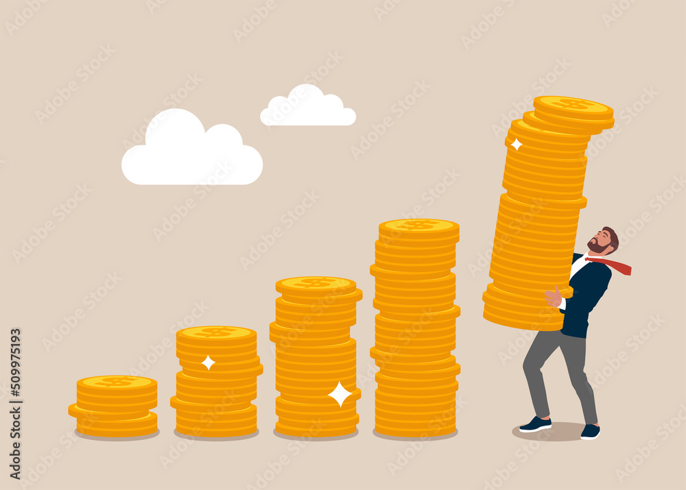 Investor holding high stack of dollar money coins to put as growth